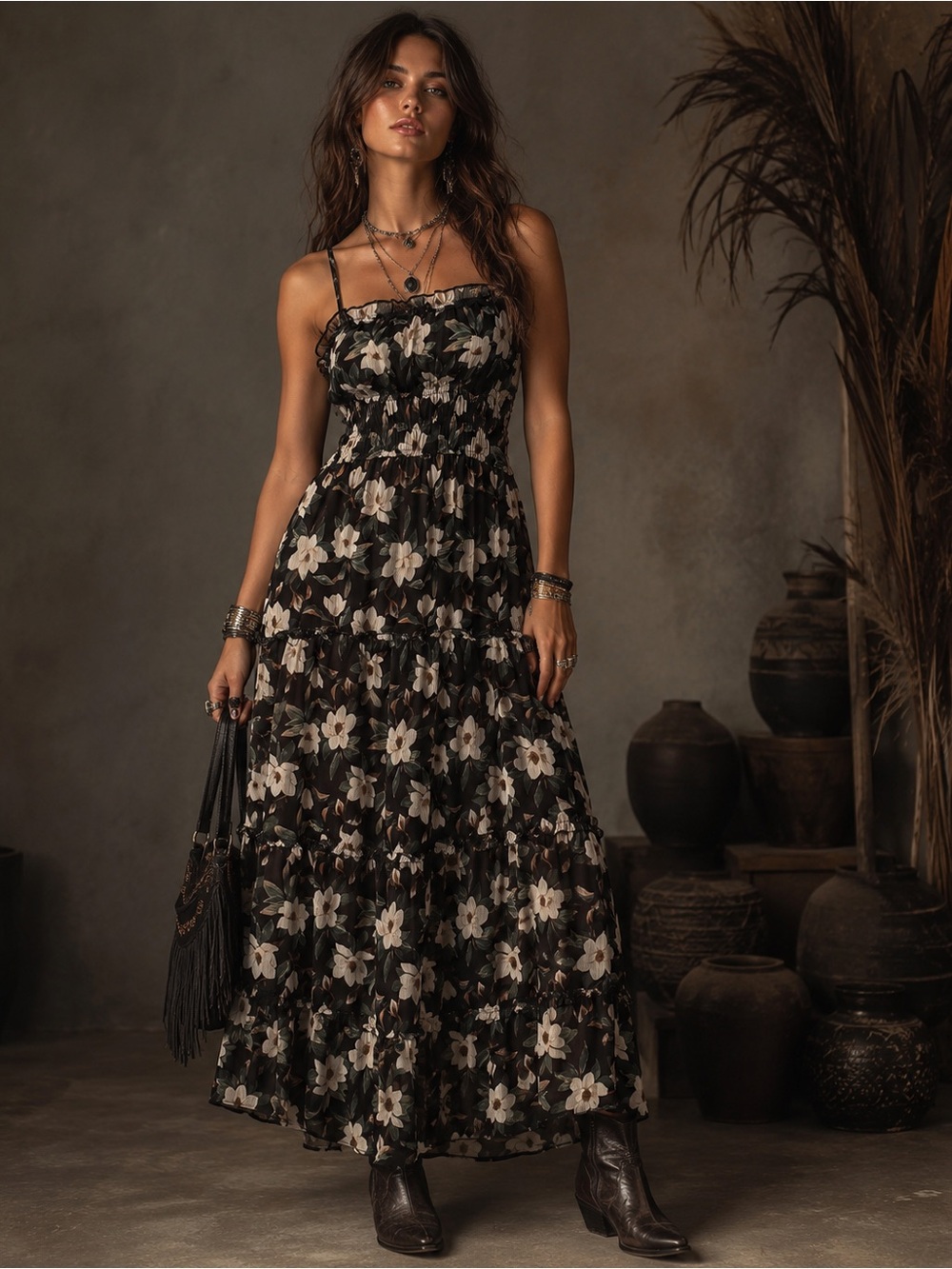 NWT Francesca's Dark Bohemian Floral Dress, Size Medium